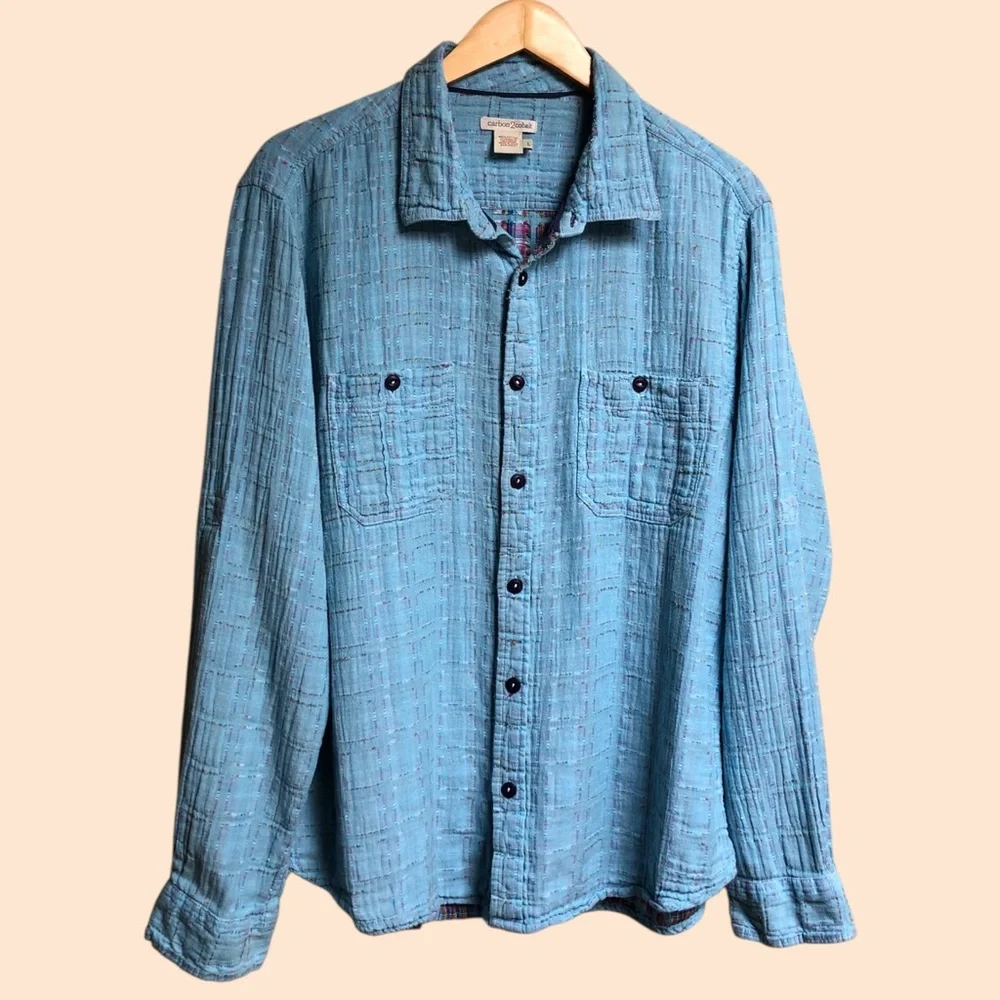 Carbon2Cobalt Blue Patchwork Stitched Boho Button Down Shirt Color Womens Large - Picture 5 of 13